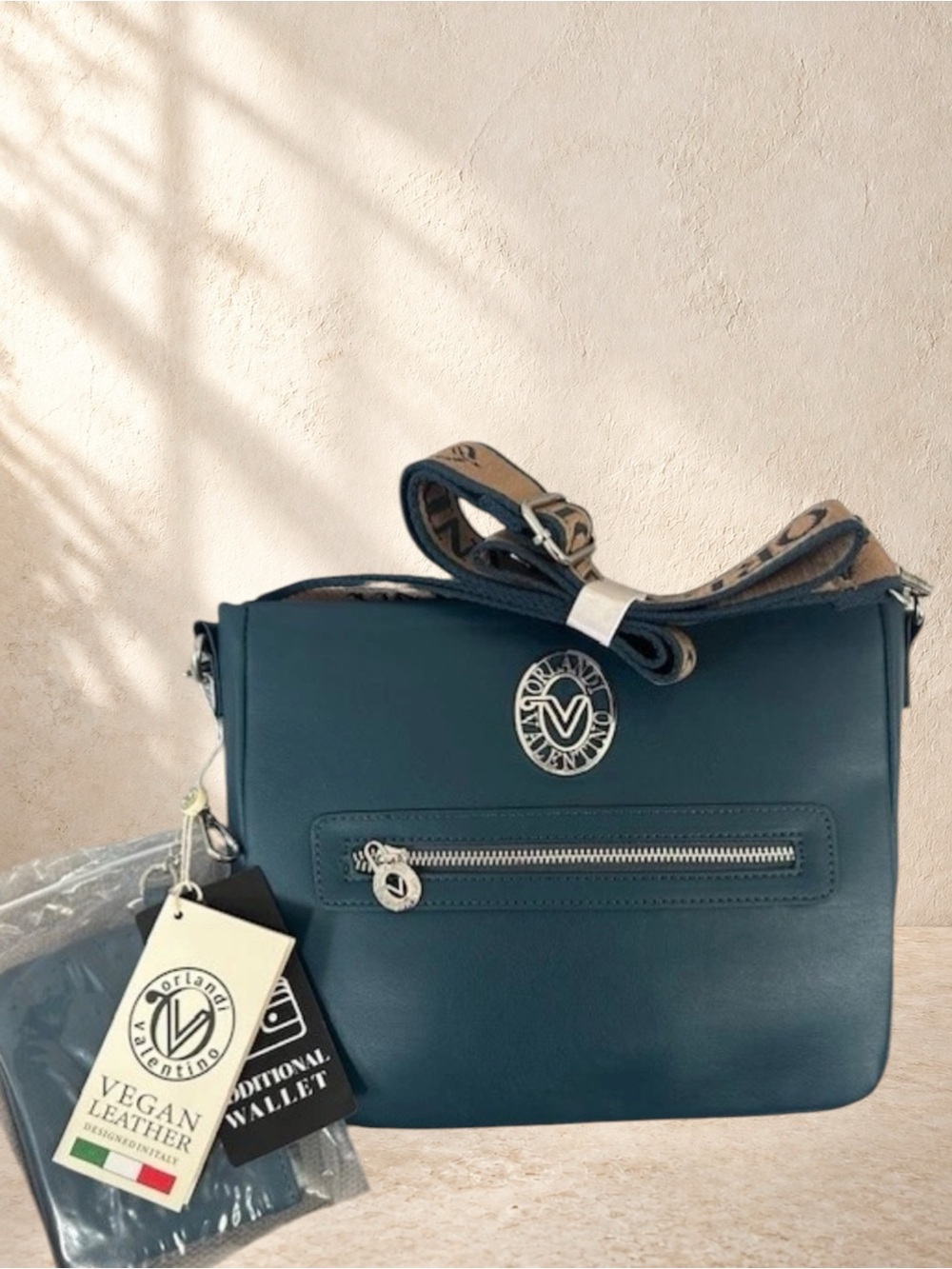 Valentino Orlandi Teal Vegan Leather Crossbody with Logo Guitar Strap & Wallet